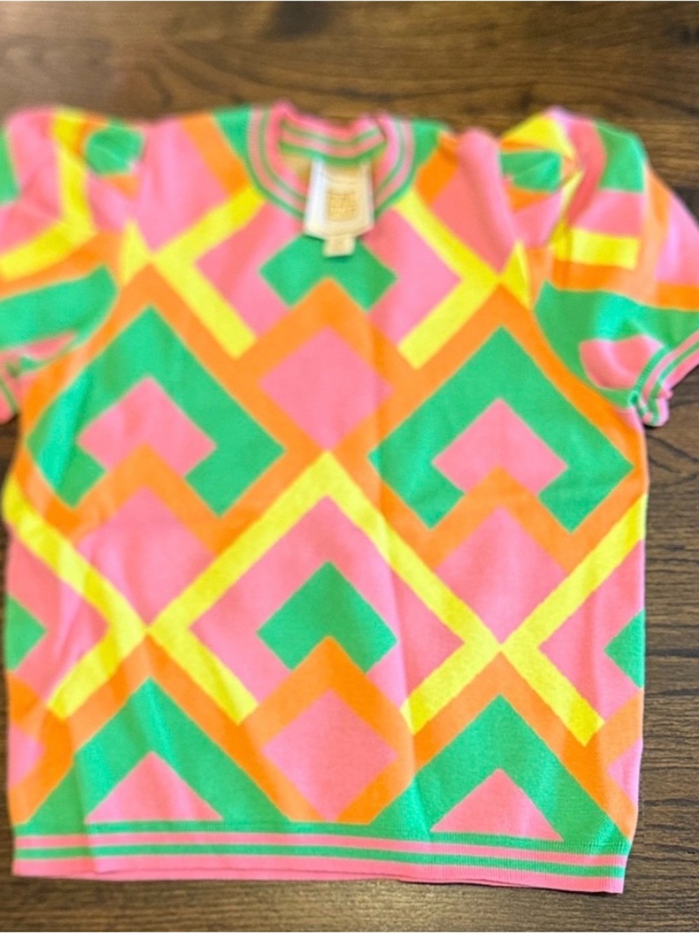Colorful Geometric Short Sleeve Knit Top - Pink/Green/Yellow